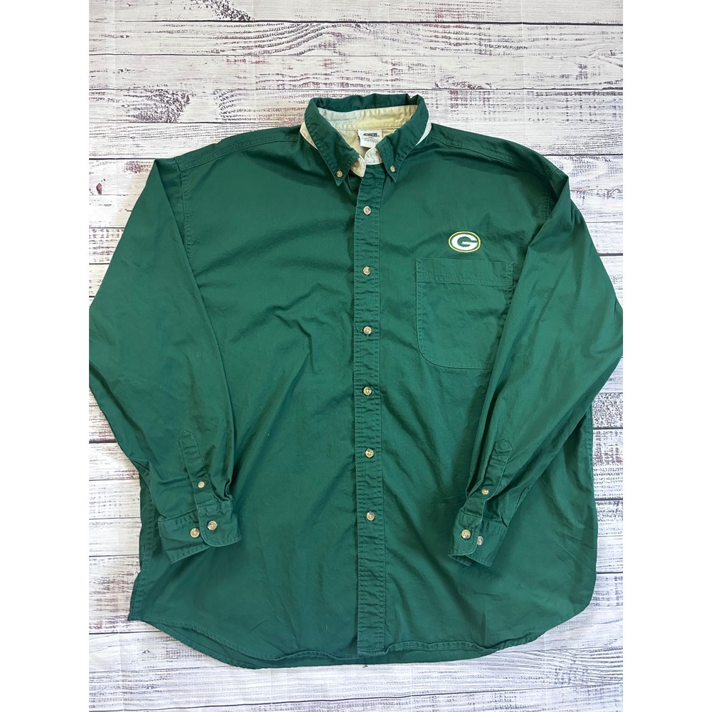 VTG NFL Green Bay Packers Button Down Cotton Shirt Men XL Green Long Sleeve Logo